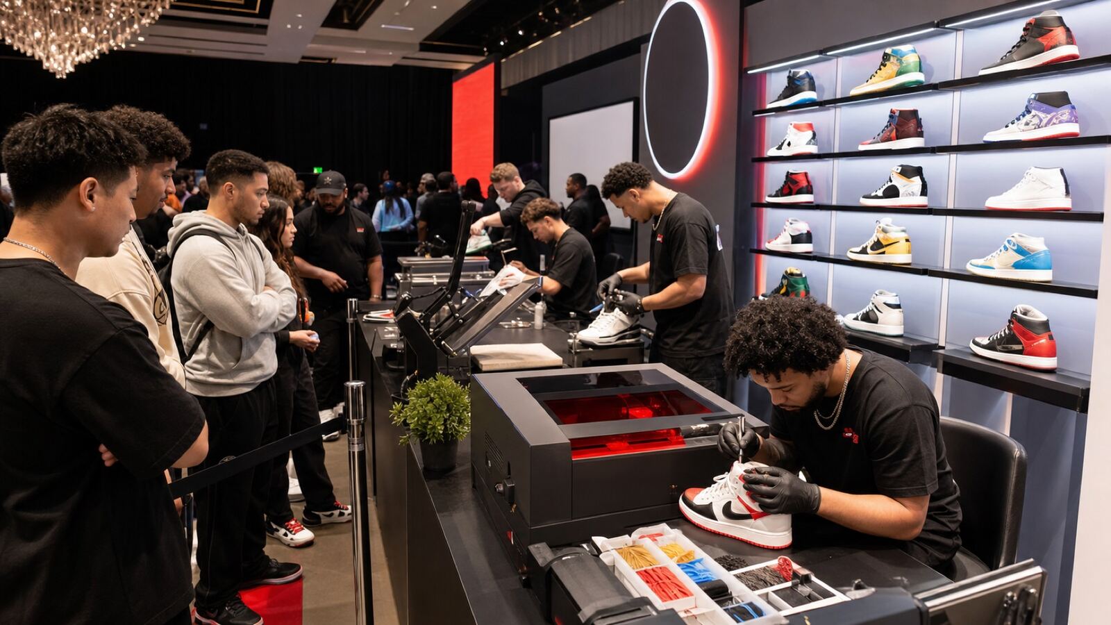 Close look at a concert merch booth with printed goods